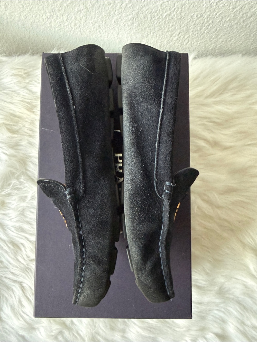 Prada Dark Navy Suede Women's Slip-On Loafers with Gold Logo - Picture 4 of 11